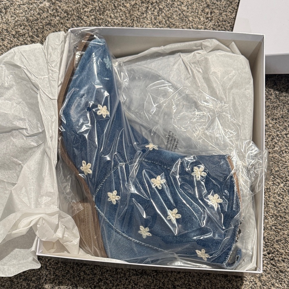Blue Denim Ankle Boots with Floral Accents - Picture 3 of 11